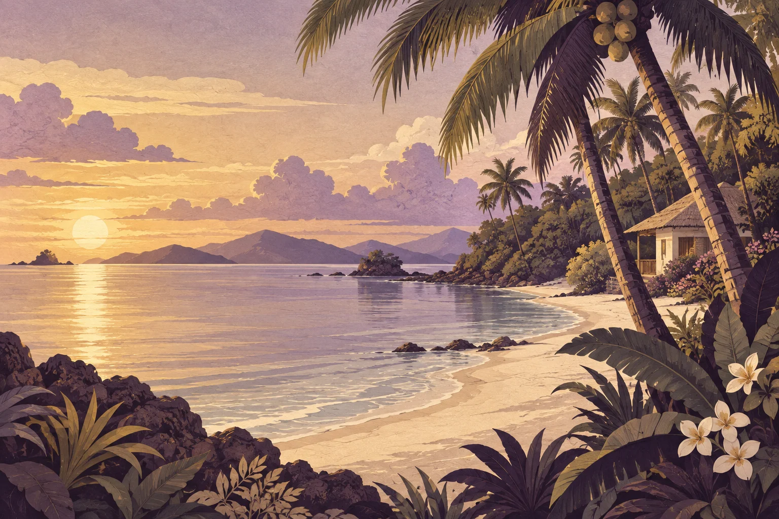 Illustration of a peaceful island shore with coconut palms and a cottage